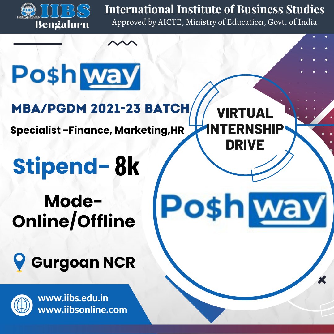 ✅Virtual Internship Drive
✅Company name-Poshway Consultant and Co
✅MBA/PGDM 2021-23 Batch
✅Specialist -Finance, Marketing,HR
✅Stipend-8K
✅Mode-Online/Offline
✅Location -Gurgoan NCR

#iibscollege #mba #pgdm
#management #bschools #businessschool #bengaluru #virtualplacement