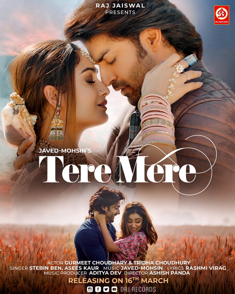 Tere Mere ❤️ Our Next Melody ✨ Releasing on 16th March only on @drjrecords official YouTube channel . Stay tuned 🎧 #TereMere @guruchoudhary @tridhac @stebinben @aseeskaurmusic @javedmohsinMZK @mohsinshaikh87 @JavKumar @therashmivirag @drjrecords @adityadevmusic