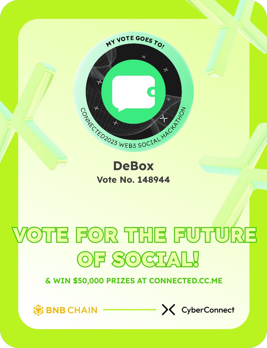 Just voted for my favorite project DeBox in #Connected2023, a Web3 Social hackathon by <a href="/CyberConnectHQ/">(Deprecated) CyberConnect</a> the social graph protocol &amp; <a href="/BNBCHAIN/">BNB Chain</a>
Join me to vote for a better social and win $50,000-$100,000 prizes!
connected.cc.me
sig:z6GfRq 
  x.com/CyberConnectHQ…