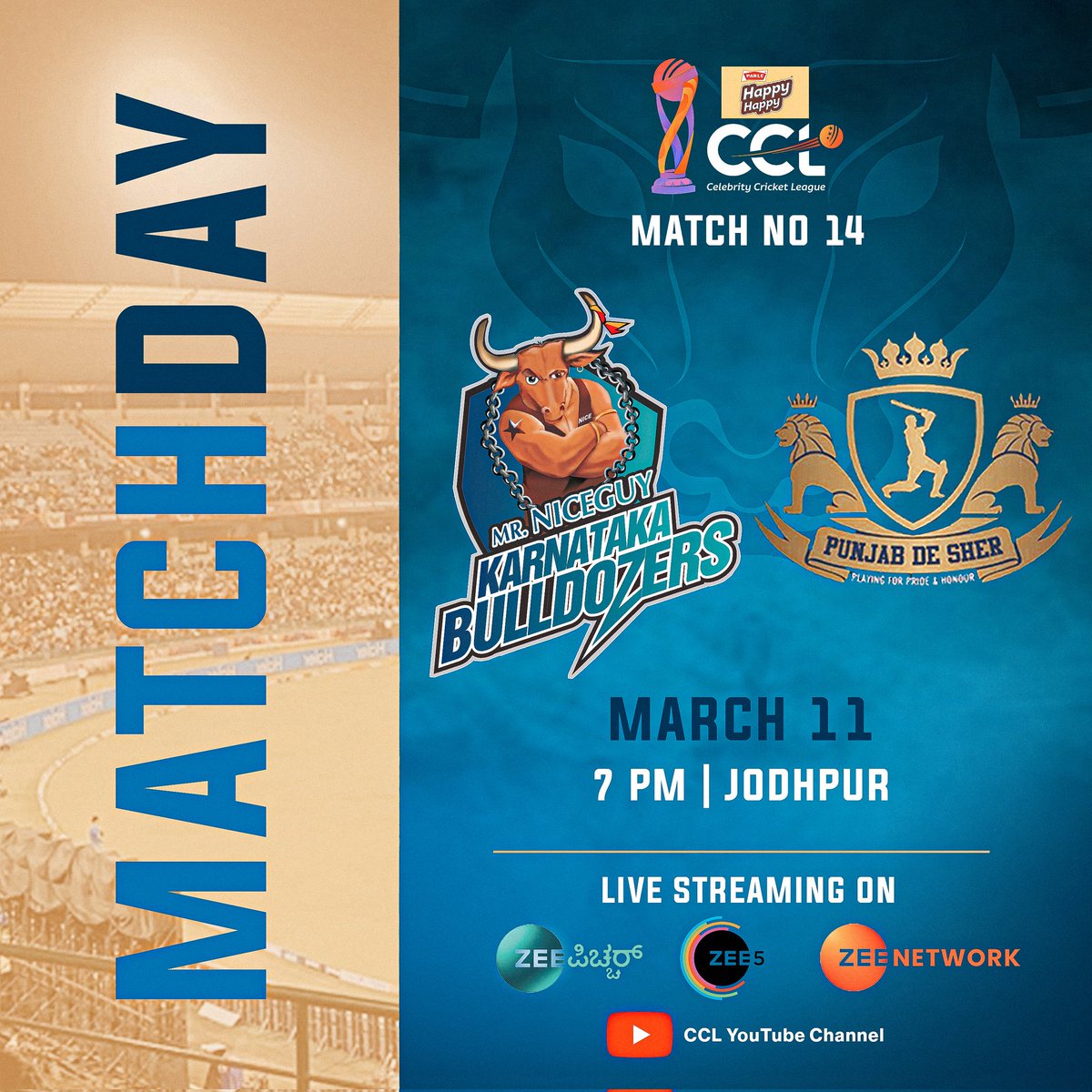 Match Day 🏏
We are taking on Punjab De Sher in our last league match here at the Barkatullah Khan Stadium in Jodhpur. 🏟️
We are looking forward to continuing the winning momentum in the tournament. 

Watch us live at 7:00 pm on ZeePicchar , Zee 5 and CCL YouTube channel.