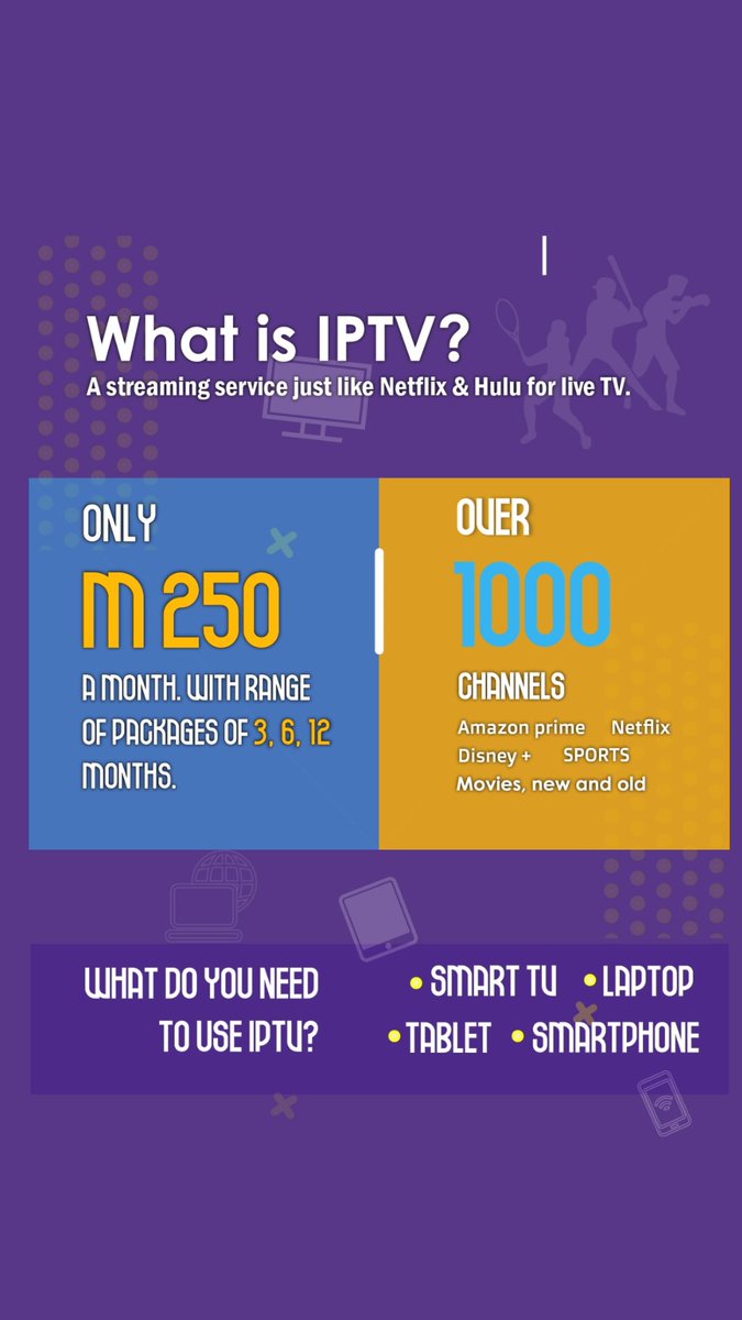 Tatted_Pappino's tweet photo. π’Introducing IPTV service @IptvLesotho Compatible with your :
Smart TV
Laptop
Smartphone
Live TV channels, Live Sport, movies and series from all across the globe
All you need is WiFi speed above 20mps, message me for the free 12 hour trial. #lesothotwitter #lstwitter https://t.co/TzMVMwsC7x