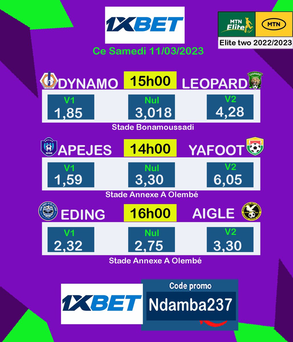 #MTNEliteFootball 
Les meilleurs côtes sur 1XBET Cameroun .
Utilises le code promo Ndamba237 pour t'inscrire sur 1xbet et reçois un bonus de 200% sur ton premier dépôt.😛
Tu charges 
10mil tu reçois 30mil
50mil tu reçois 150mil
1bâton  tu reçois 3 bâtons