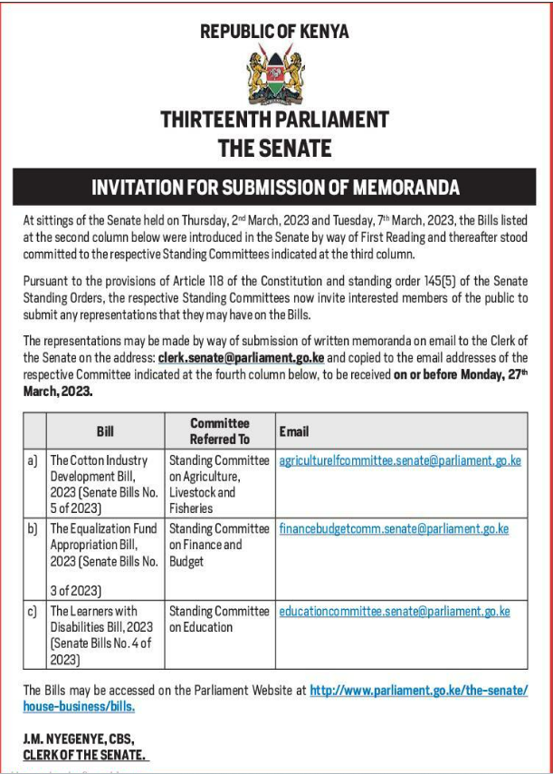 MzalendoWatch's tweet photo. The @Senate_KE calls for public participation on the following Bills:
1. The Equalization Fund Appropriation Bill 2023 (Senate Bills No. 3 of 2023)
2. The Learners with Disabilities Bill ( Senate Bill No. 4 of 2023).
#PublicParticipationKE
#Dokeza https://t.co/z6ei81XLAI