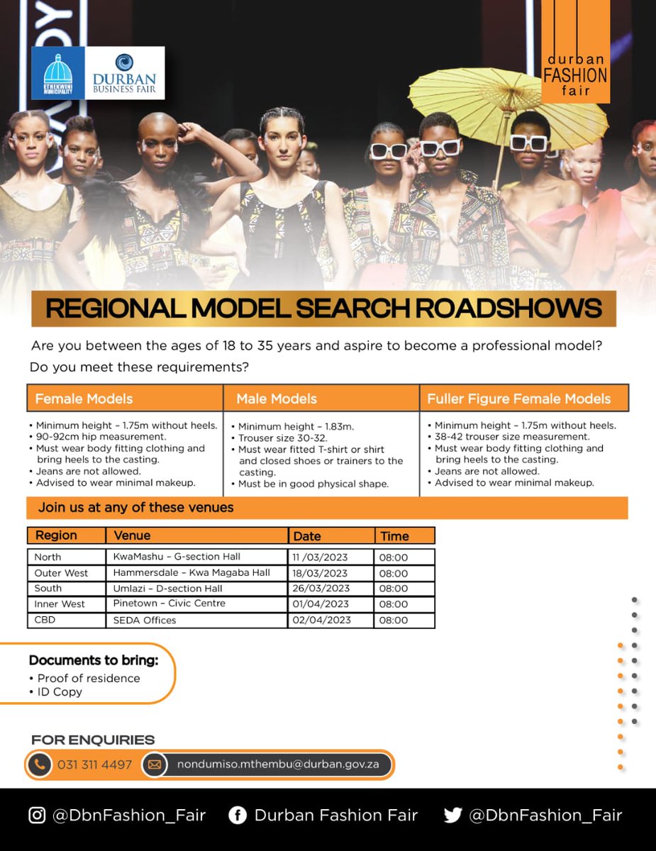 eThekwiniM's tweet photo. We will be at KwaMashu G Hall until 4pm today. Come through for auditions if you are an aspirant model. 
Don't forget to bring a copy of your ID and proof of address.
See you there!!!
#DFF2023
#modelscouting
#unearthingnewtalent
3/3 https://t.co/u3yj4JEz8k