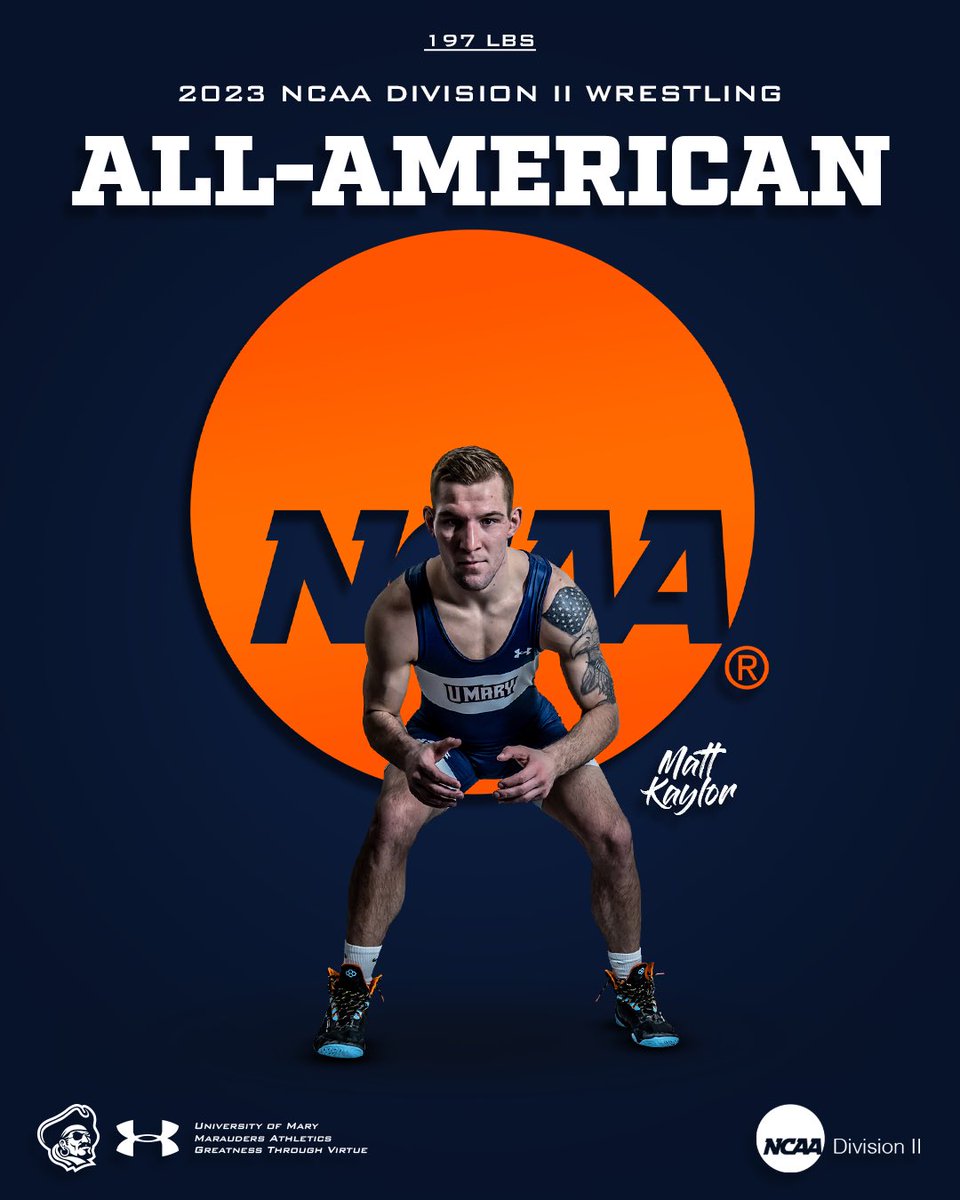 UMaryWrestling's tweet photo. 2023 NCAA #d2wrestle All-American - 197 lbs - @MattKaylor3 ! 

100th UMary Wrestling All-American 
10th in the Coach Aho Era

#hooksup #lifeatmary #nsicwres https://t.co/6HqTI4fZdf