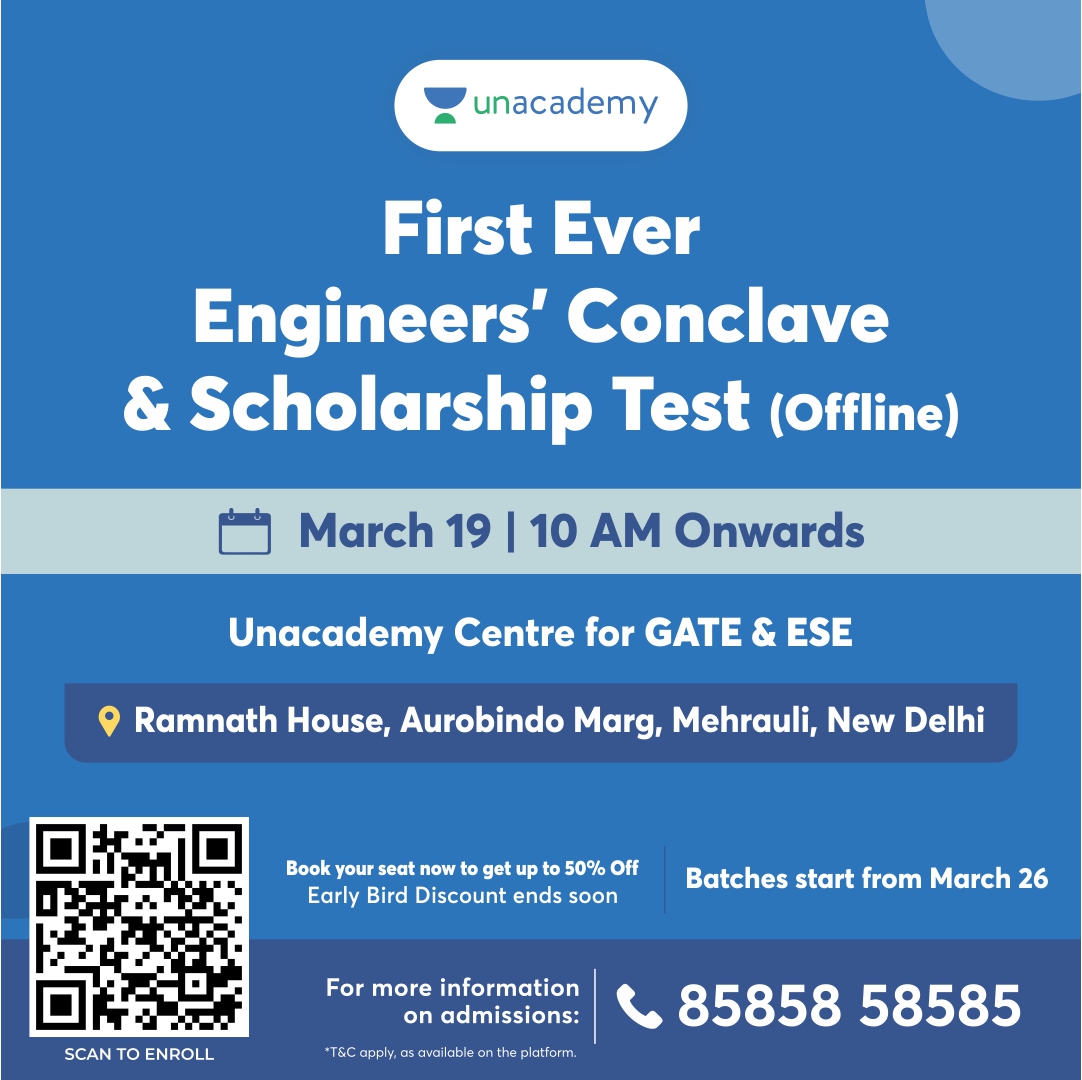 gate_academy's tweet image. Dear Learners,
Attend the first-ever Engineers&apos; Conclave &amp;amp; Scholarship Test (offline) on 19th Mar 23 | 10 AM Onwards
To Register fill out the form: forms.gle/9emTgJaFYskV6J…
Avail up to 100% scholarship through the Offline Scholarship test at the centre.
LetsCrackIt!