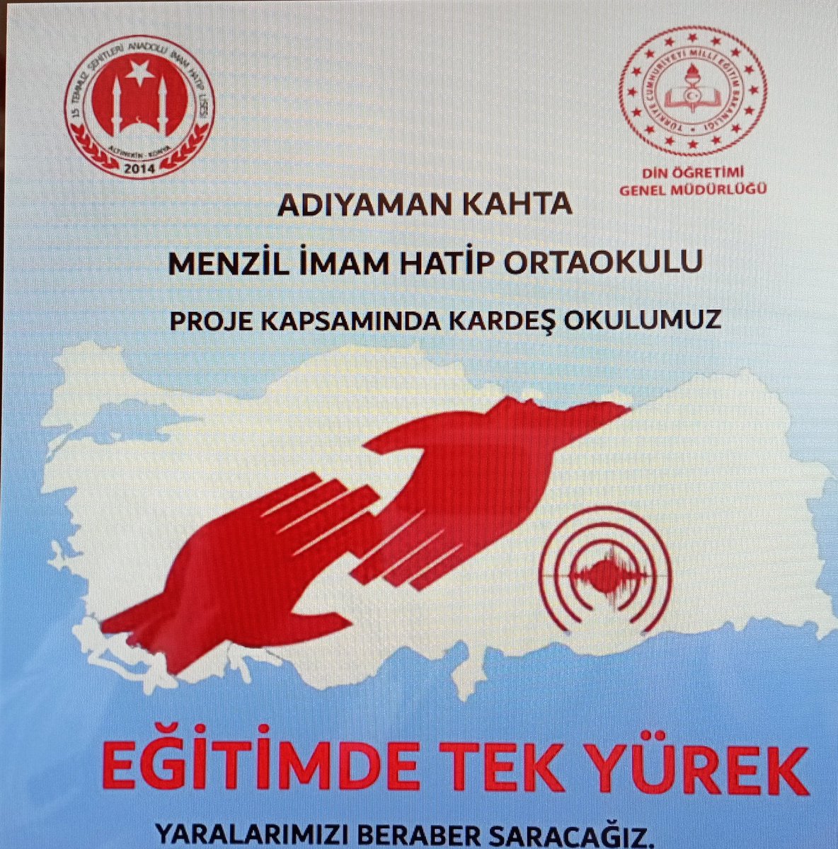 Altınekin 15 Temmuz Şehitleri İHO ve AİHL (@altinekiniho) on Twitter photo Eğitimde Tek Yürek şiarıyla , 15 Temmuz Şehitleri Anadolu İmam Hatip Lisesi olarak Adıyaman Kahta Menzil İmam Hatip Ortaokulu ile kardeş okul olduk.
Yaralarımızı hep birlikte saracağız inşallah.
#EğitimdeTekYürek
<a href="/meb_dinogretimi/">MEB Din Öğretimi Genel Müdürlüğü</a>
<a href="/konyadinogretim/">Konya İl MEM Din Öğretimi Bölümü</a> Eğitimde Tek Yürek şiarıyla , 15 Temmuz Şehitleri Anadolu İmam Hatip Lisesi olarak Adıyaman Kahta Menzil İmam Hatip Ortaokulu ile kardeş okul olduk.
Yaralarımızı hep birlikte saracağız inşallah.
#EğitimdeTekYürek
<a href="/meb_dinogretimi/">MEB Din Öğretimi Genel Müdürlüğü</a>
<a href="/konyadinogretim/">Konya İl MEM Din Öğretimi Bölümü</a>
