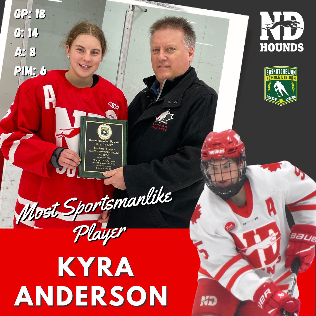 Congratulations to Hounds Juli Herman and Kyra Anderson on their <a href="/SaskFemaleAAA/">SFU18AAAHL</a> awards, presented on Friday evening.

Juli was named a Second Team All-Star and Kyra received the Most Sportsmanlike award. 
#NDProud #ShesAHound