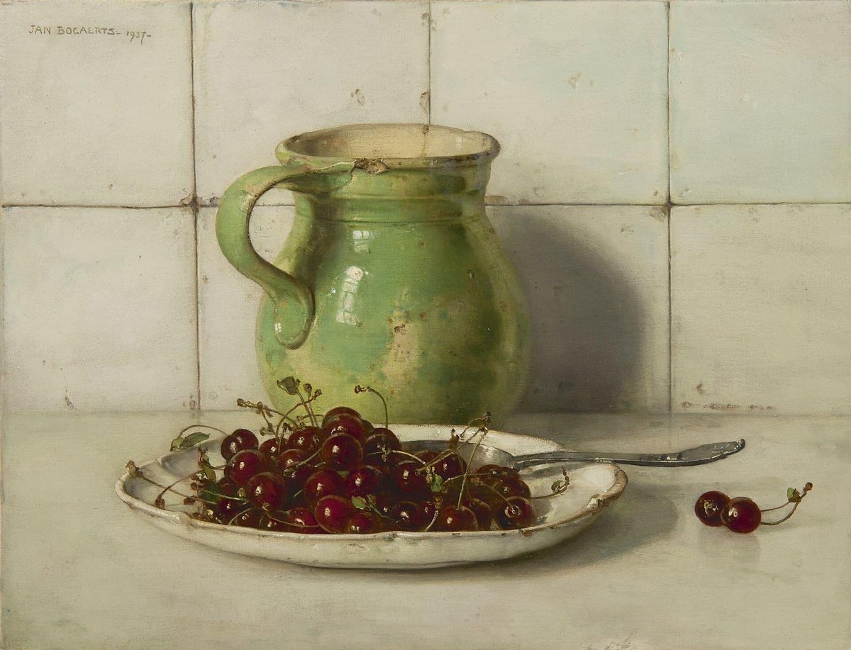 'Still Life with Cherries and Stoneware Can', 1937, oil on canvas, 35.3 x 46.0 cm - Jan Bogaerts, Dutch (1878 - 1962)