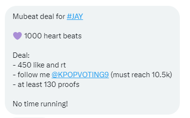 rociovive2's tweet photo. Mubeat deal for #ENHYPEN_JAY

💜 1000 heart beats

Deal:
- 450 like and rt
- follow me @KPOPVOTING9
 (must reach 10.5k)
- at least 130 proofs

No time running! https://t.co/2xgQrKSb5k