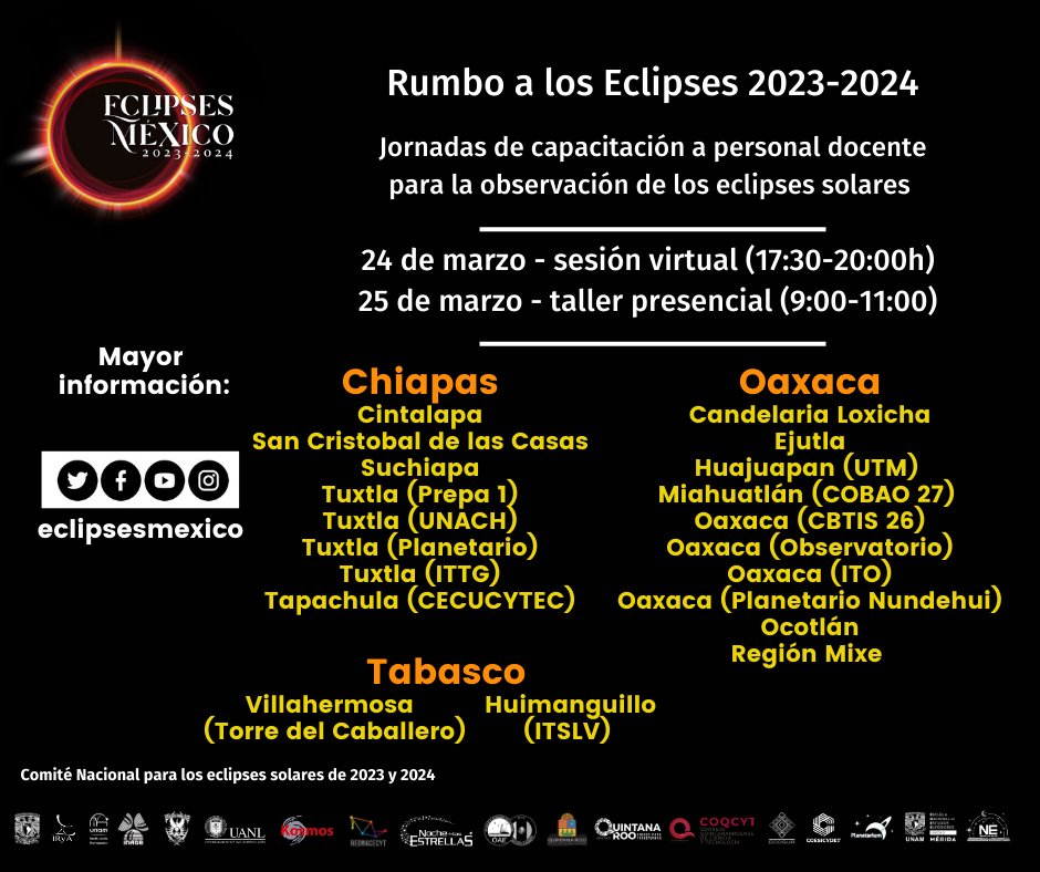 EclipsesMexico's tweet photo. Aquí las siguientes Jornadas de capacitación para docentes de todos los niveles educativos.  Mayor información en el registro de cada estado:    
Chiapas: https://t.co/OLjnRNIphS
Oaxaca: https://t.co/0mMyyjfQwI
Tabasco: https://t.co/zCnyWqjyoI
¡Gracias a todos los colaboradores! https://t.co/AM9CH97UkS