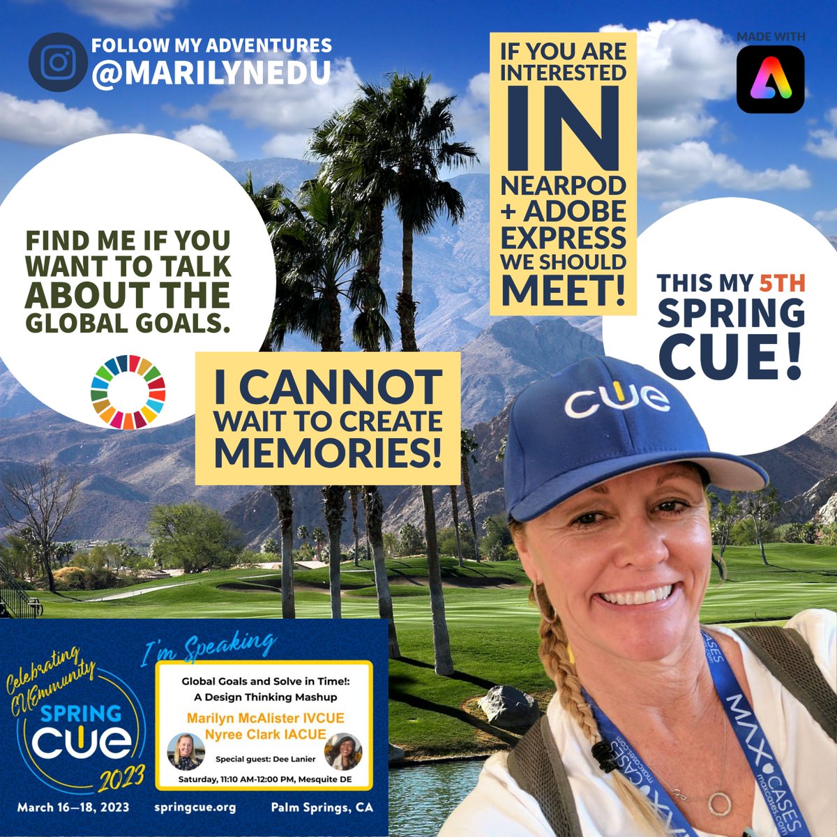 MarilynEDU's tweet photo. Eeeeekkk . . . #SpringCUE is on the horizon.

Can't wait for the sun, fun, learning, and CUEmmunity.

. . . see you soon, Palm Springs. 

Remix your own graphic here --> https://t.co/eGFUuSDz7H

 #AdobeEduCreative #WeAreCUE #IVCUE https://t.co/9kbpoMclF8