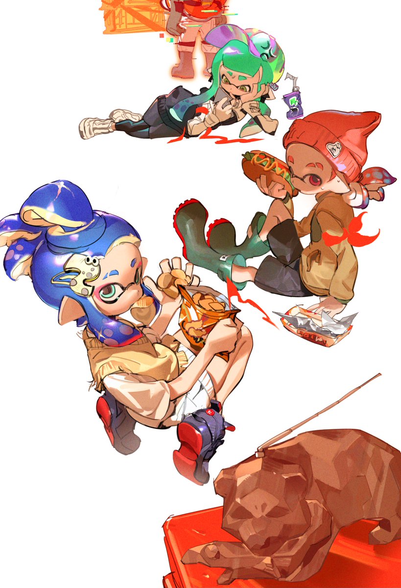 octoling ,octoling girl multiple girls tentacle hair blue hair food white background hat beanie  illustration images