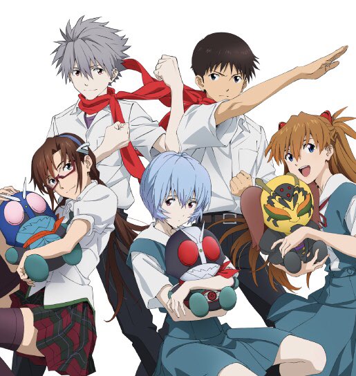 ayanami rei ,ikari shinji ,makinami mari illustrious ,nagisa kaworu ,souryuu asuka langley 3girls multiple girls multiple boys glasses school uniform brown hair 2boys  illustration images