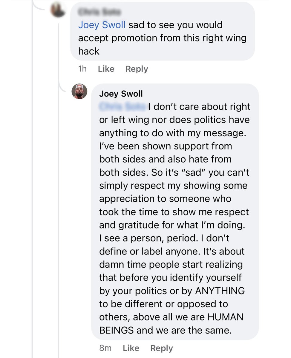TheJoeySwoll's tweet image. I’m SO SICK of this. You are NOT defined by your politics. If you show me love and respect I will give you the same and more no matter who you voted for. My message has NOTHING to do with right or left yet both have attacked me for their agenda as well as for race and gender too.