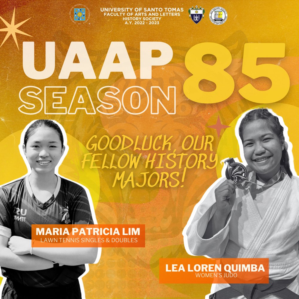USTHSTSOC's tweet photo. The UST History Society is one with its very own HSTomasino athletes, Ms. Maria Patricia Lim and Ms. Lea Loren Quimba, who will be representing UST in their respective UAAP Games. Always remember that we are in full support of you as you bring honor to our University and Society. https://t.co/Hc5MGETCTn