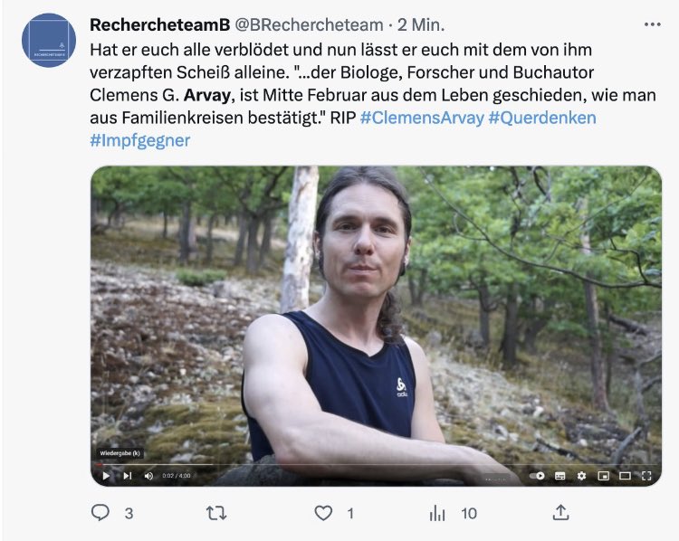 SPFF7's tweet photo. @realaydemir Jup, genau. Stop the hate.
Der sich ausbreitende Totalitarismus hat ein weiteres Opfer gefordert. Suizid 2023.

Clemens Arvay - Rufmord in der Wikipedia. Die Wikihausen Analyse von 2020 zeigten einen hochbegabten und scharfsinnigen Menschen und Biologen.
https://t.co/9FUM3W4b0z… https://t.co/e92eGl4OZc