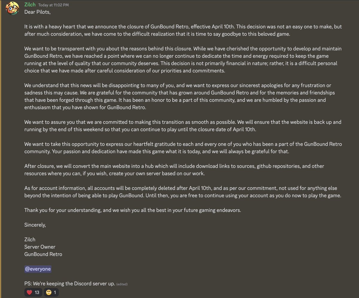 GunBoundR's tweet image. Announcement pertaining to the end of service for GunBound Retro.
