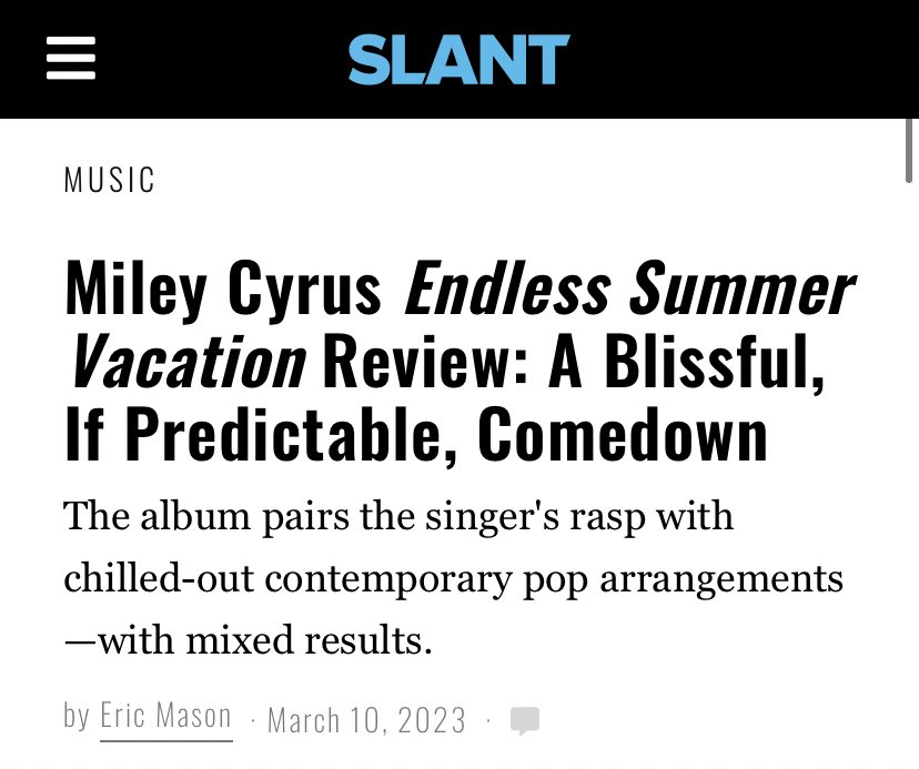 wpositions24's tweet photo. #EndlessSummerVocation 
(NEW) Slant Magazine 60

Miley is about to lose the 81 metascore y’all 😬 https://t.co/dItNbWvJXl