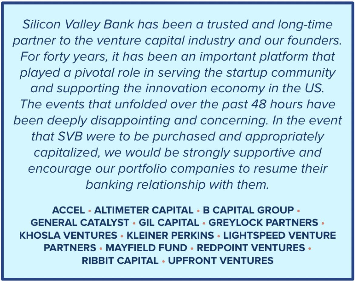 Several leading VCs met today to discuss the aftermath of SVB’s downfall. 

This is a joint statement from all of us. 

<a href="/Accel/">Accel</a> <a href="/altcap/">Brad Gerstner</a> <a href="/BCapitalGroup/">B Capital</a> <a href="/generalcatalyst/">General Catalyst</a> <a href="/eladgil/">Elad Gil</a> <a href="/GreylockVC/">Greylock Partners</a> <a href="/khoslaventures/">Khosla Ventures</a> <a href="/kleinerperkins/">Kleiner Perkins</a> <a href="/lightspeedvp/">Lightspeed</a> <a href="/MayfieldFund/">Mayfield</a> <a href="/RibbitCapital/">Ribbit Capital</a> <a href="/upfrontvc/">Upfront Ventures</a>