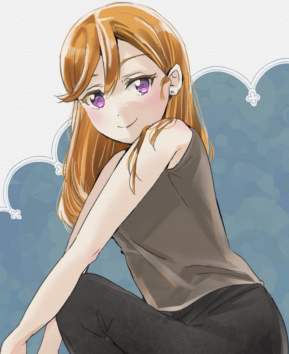 shibuya kanon 1girl solo long hair purple eyes smile looking at viewer pants  illustration images