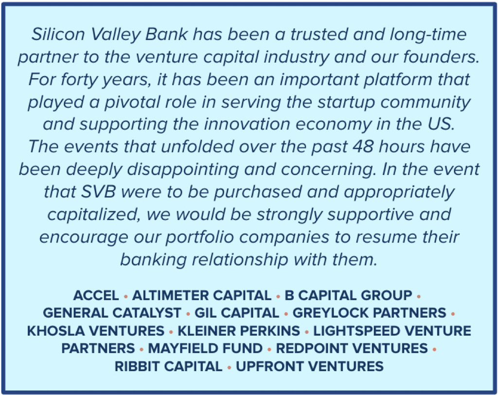 mickymalka's tweet image. Several VC leaders met today to discuss the aftermath of SVB’s downfall. This is a joint statement from all of us. @Accel @altcap @BCapitalGroup @generalcatalyst @eladgil @GreylockVC @khoslaventures @kleinerperkins @lightspeedvp @MayfieldFund @Redpoint @RibbitCapital @upfrontvc