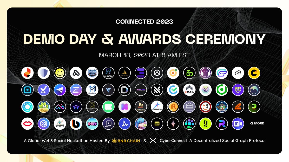 I'm attending an online event with 
<a href="/CyberConnectHQ/">(Deprecated) CyberConnect</a>  <a href="/BNBCHAIN/">BNB Chain</a> on the topic of Demo Day &amp; Awards Ceremony: Connected 2023.

⏰ March 13, 2023 at 8 AM EST

Binance Live:  binance.com/en/live/video?…