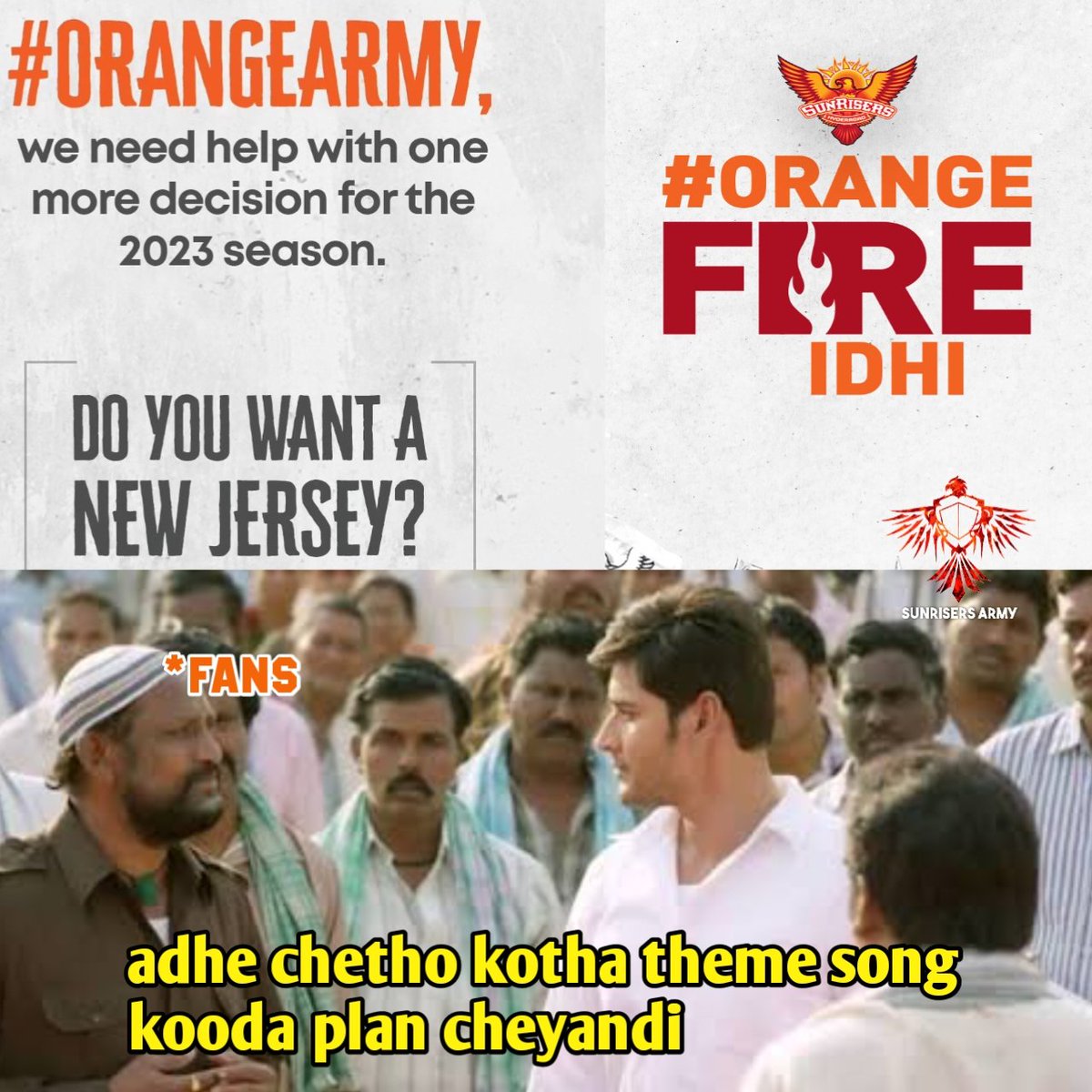 srhorangearmy's tweet photo. @SunRisers pls consider 🙏 a humble request from #Orangearmy 

How many of you want a new song? 🙋 #Ipl2023 https://t.co/Hy4Ndp9TCT