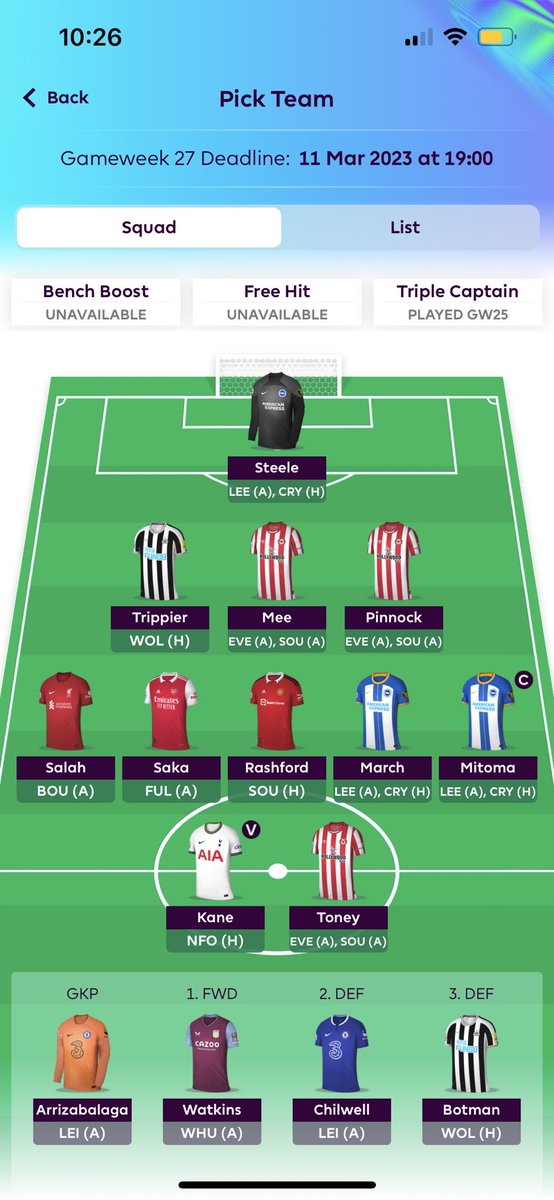 GW27🔒

WC Activated 😬🥳
FT-BGW28
BB-DGW29

Still undecided the armband 🧢

Currently on Mitoma!

#FPL #FPLCommunity #fplpod #Wildcard #PL #FantasyFootball