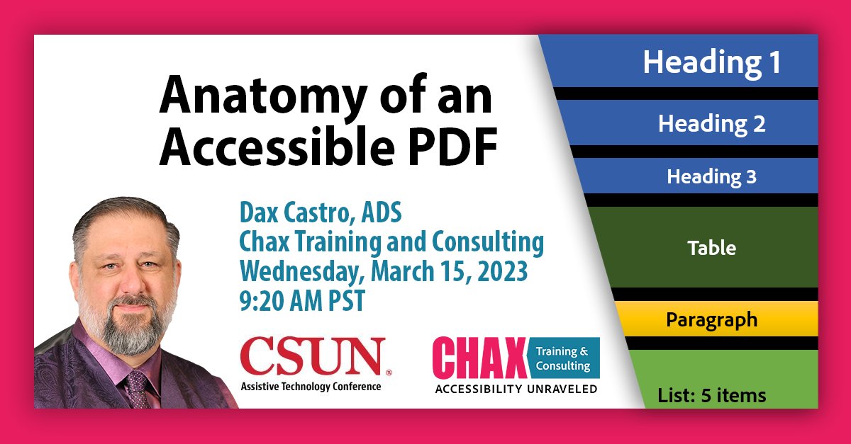 Dax Castro (@daxjcastro) on Twitter photo Heading to <a href="/CSUNCOD/">Center on Disabilities, CSUN</a> for the Assistive Technology Conf. Looking forward to this new presentation. Anatomy of an Accessible #PDF. Packed full of great stuff! #a11y #accessibility. Will you be there? Let me know and we can chat. Heading to <a href="/CSUNCOD/">Center on Disabilities, CSUN</a> for the Assistive Technology Conf. Looking forward to this new presentation. Anatomy of an Accessible #PDF. Packed full of great stuff! #a11y #accessibility. Will you be there? Let me know and we can chat.