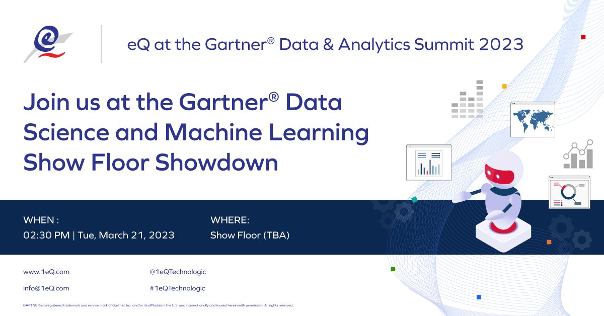 1eQTechnologic's tweet photo. eQ Technologic will be showcasing in the Data Science and Machine Learning Show Floor Showdown at the #GartnerDA in Orlando, FL to give a live demonstration of our, eQube®-DaaS solution.
Hope to see you on the floor!
Learn more: https://t.co/lIpOA5Wfz1
#1eQ #eQTechnologic https://t.co/vHdVHvr0OO