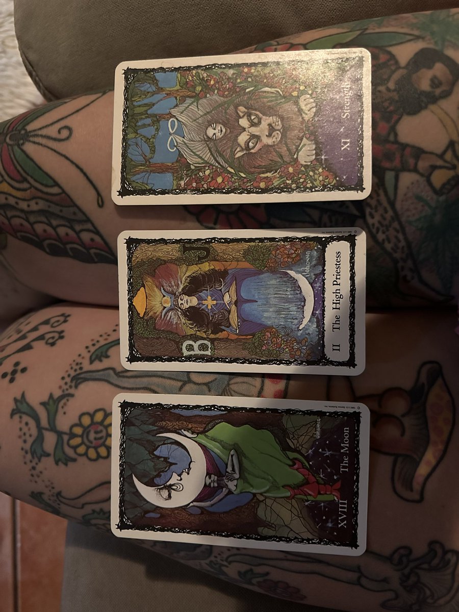 nmsteph's tweet photo. These 3 cards have continued to come up for me for years. Anyone want to send their interpretation? #strength #thehighpriestess #themoon #tarotcards #tarotreader https://t.co/1KqoITxH4O