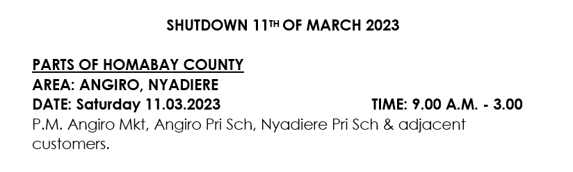 KenyaPower_Care's tweet photo. Good morning, please find the area on maintenance today. ^MM https://t.co/f0xdlxSdI3