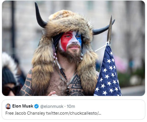 jamiemcintyre21's tweet image. JUST IN - Elon Musk calls for the release of "Shaman" Jacob Chansley.



#Jan6CoverUp #elonmusk