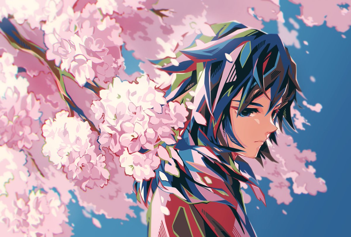 tomioka giyuu 1boy solo male focus cherry blossoms japanese clothes black hair flower  illustration images