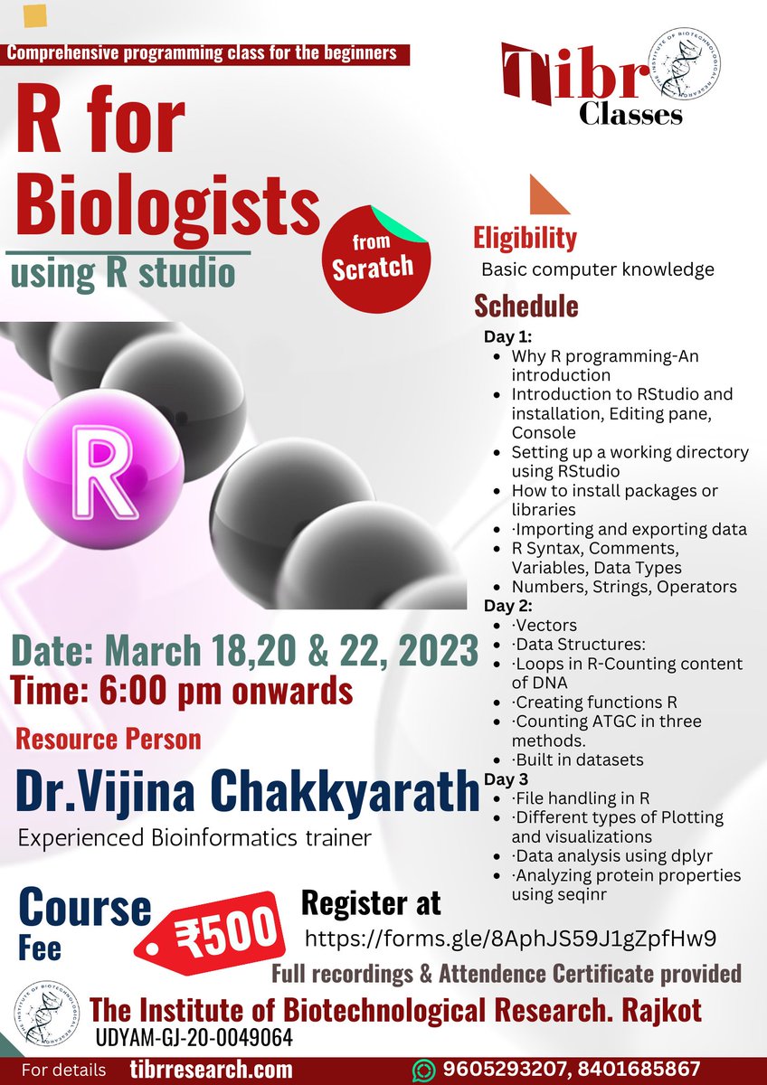 This is a wonderful opportunity to know about R programming from Scratch, basically starting from downloading R studio to using the software in solving biological problems. Register 
forms.gle/8AphJS59J1gZpf…
#AcademicTwitter #AcademicChatter #phdvoice