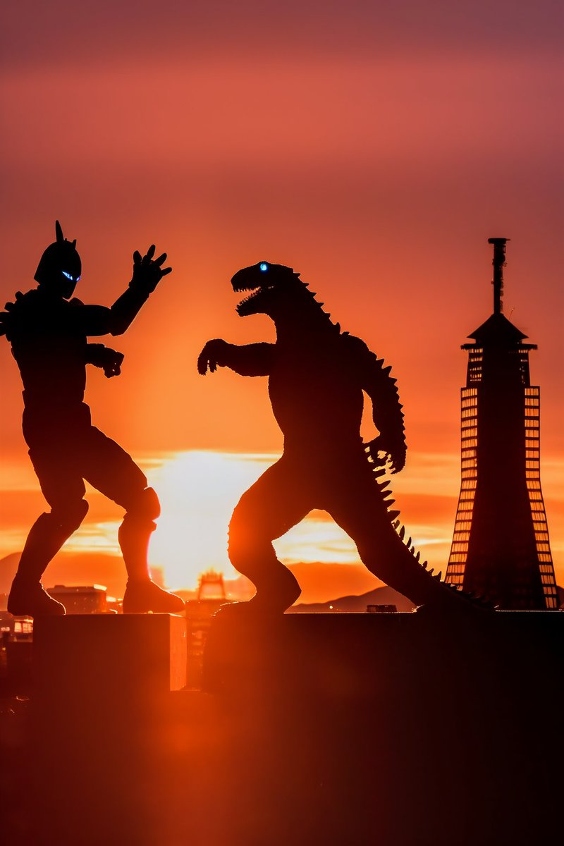 questionsnake's tweet image. ジュワ！　って感じな昭和特撮の都会の夕暮れ
#nijijourney #AIart　#AIART大喜利