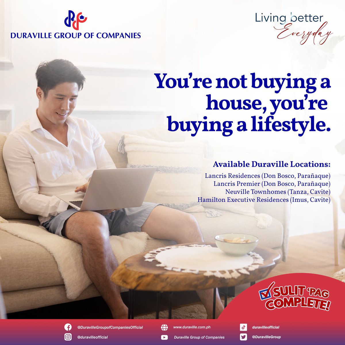 Your new home is about living a lifestyle. And that’s what you get with Duraville Homes!

Send us a message today or visit duraville.com to know more!

#Duraville #LivingBetterEveryday #SulitPagComplete #RealEstatePH #Apartment #Condo #HouseAndLot #AffordableHome
