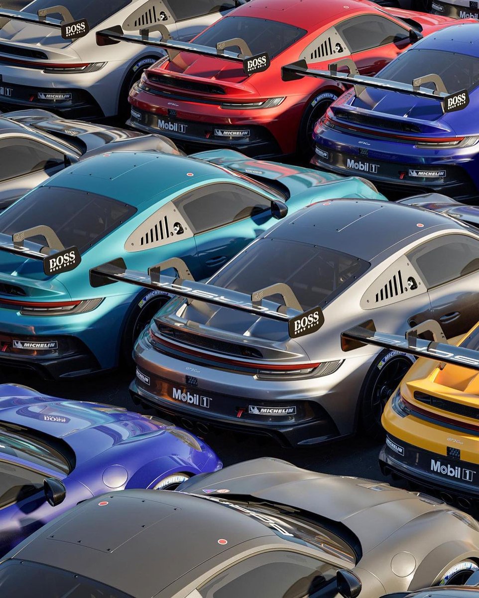 Revved up and ready to go: a lineup of Porsche 992 GT3s standing at attention. #porsche #Porsche911GT3Cup #porsche911 #porscheworld #boss @auto_moto_pl @SzczecinMoto @Rinoire @suttie50 @oliveri_pablo1 @alain_wessel @junjokerando @michele69028102 @HA11NNH @neun11er @PorscheSauce