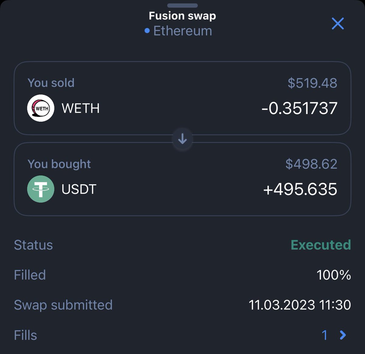 Bellinghamgramy's tweet photo. @1inch More than 21 USD price difference with fusion, I don’t see the benefit and this is when the market was going up https://t.co/X593UG5bxO