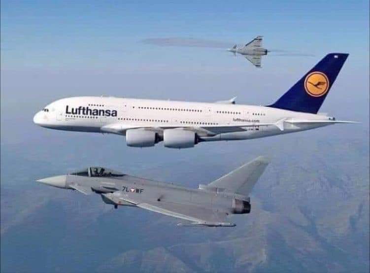 STORY THREAD!!!

An Airbus 380 is on its way across the Atlantic. It flies consistently at 800 km/h at 30,000 feet, when suddenly a Eurofighter with a Tempo Mach 2 appears.

The pilot of the fighter jet slows down, flies alongside the Airbus and greets the pilot of the ...