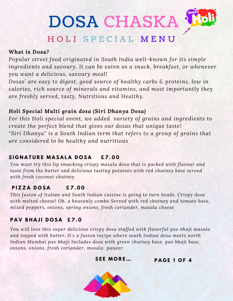 DosaChaska's tweet photo. Get ready to celebrate Holi with our new special menu at Dosa Chaska! This time our batter is Multi grain, absolute must to try out new flavours. Don't forget new additions Schezwan Dosa and Cheesy Pesto Dosa. We got limited Holi special treat box that can not be missed.
What... https://t.co/J2X33Vdquy