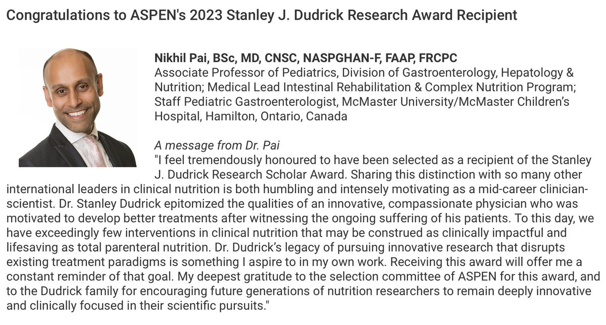 Thank you <a href="/ASPEN_nutrition/">ASPEN</a> and the ASPEN Rhoads Research Foundation for the Stanley J. Dudrick Research Scholar Award. Grateful for this distinction, and the contributions of its namesake. #TPN #intestinalfailure #pediatrics <a href="/aspenweb/">ASPEN</a> 

nutritioncare.org/research/award…