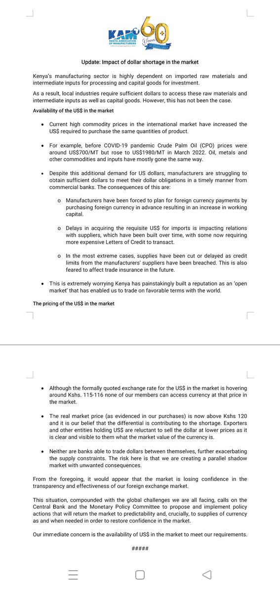 The dollar situation in Kenya, a brief chronology of events...

A 🧵

In May 2022, the Kenya Association of Manufacturers issued a statement citing challenges being faced in the business environment. Among them, inability to access dollars to service import &amp; other obligation