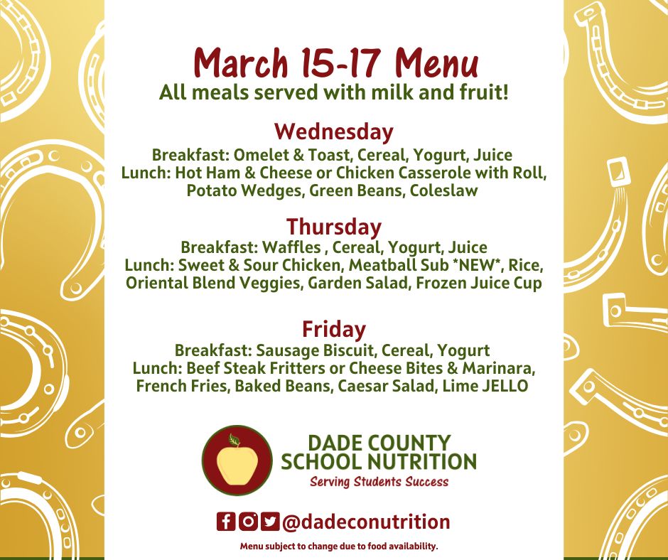 Did you know? All #schoollunches come with fruit and vegetables! 🍎

Please see our complete menu on our website: tinyurl.com/dcsmenus

*Menus are subject to change due to supply chain issues. Thank you for your patience and understanding! 

@dade_schools @GA_SNA @schoollunch