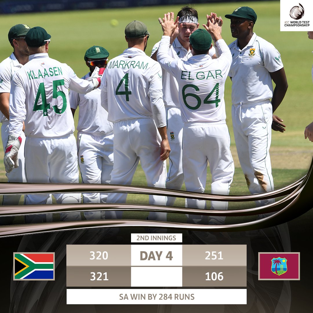 A comprehensive victory for South Africa as they complete a 2-0 series whitewash 👏

#WTC23 | #SAvWI | Scorecard: bit.ly/SA-v-WI-2ndTest