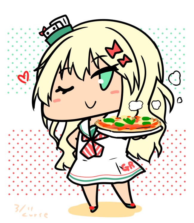 grecale (kancolle) 1girl long hair food solo blonde hair one eye closed dress  illustration images