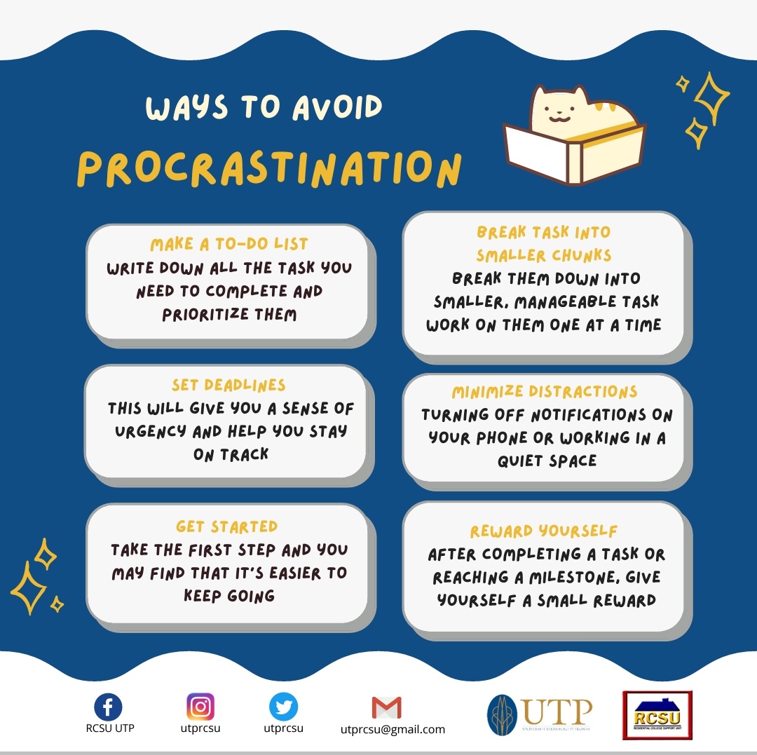 utprcsu's tweet photo. Procrastination is the act of delaying or putting off tasks or responsibilities that need to be done. It is a common habit that affects many people and can lead to feelings of guilt, stress, and anxiety. https://t.co/fEtS1i6NEc
