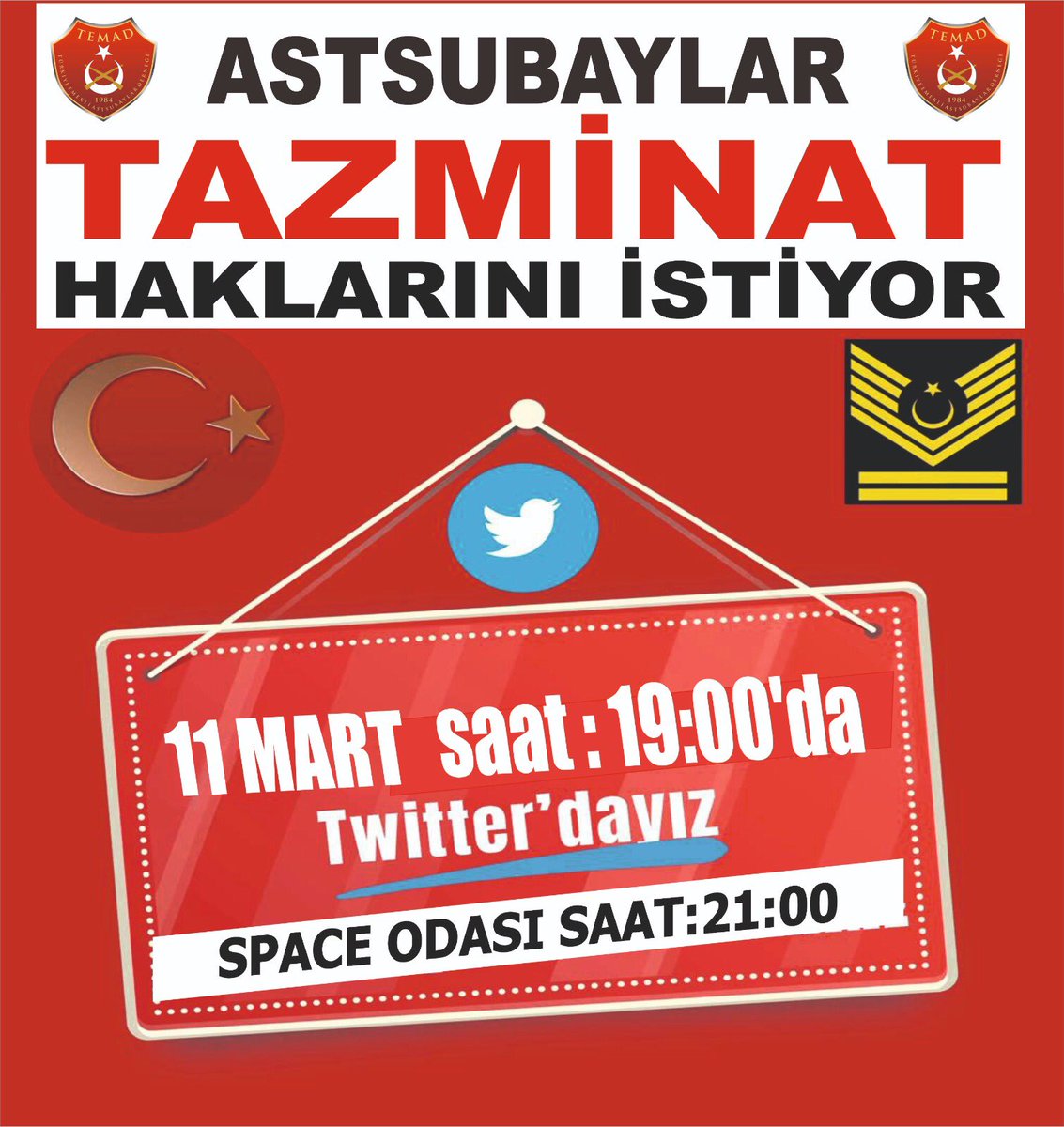 #OylarTazminata Astsubaylar müjde bekliyor
<a href="/RTErdogan/">Recep Tayyip Erdoğan</a>
 <a href="/NureddinNebati/">Dr.Nureddin NEBATİ🇹🇷</a>
<a href="/suleymansoylu/">Süleyman Soylu</a>
 <a href="/dbdevletbahceli/">Devlet Bahçeli</a>
<a href="/tcsavunma/">T.C. Millî Savunma Bakanlığı</a>
 <a href="/kilicdarogluk/">Kemal Kılıçdaroğlu</a>
<a href="/mustafaelitas/">Mustafa Elitaş</a>
 <a href="/fuatoktay/">Fuat Oktay</a>
<a href="/_cevdetyilmaz/">Cevdet Yılmaz</a>
<a href="/AhmetAYDIN_02/">Ahmet AYDIN</a>
<a href="/HMBakanligi/">T.C. Hazine ve Maliye Bakanlığı</a> <a href="/TSKGnkur/">TSK</a>