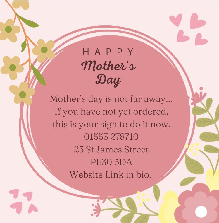 Just over a week until Mother’s day. Order your flowers now🌸

•HOW TO ORDER•

📞Telephone:01553 278710.

🛍️In Store:23 St James Street,PE30 5DA.

💻Online:Website link in bio.

#ordernow #florist #mothersday #floralgifts #shoplocal #kingslynn